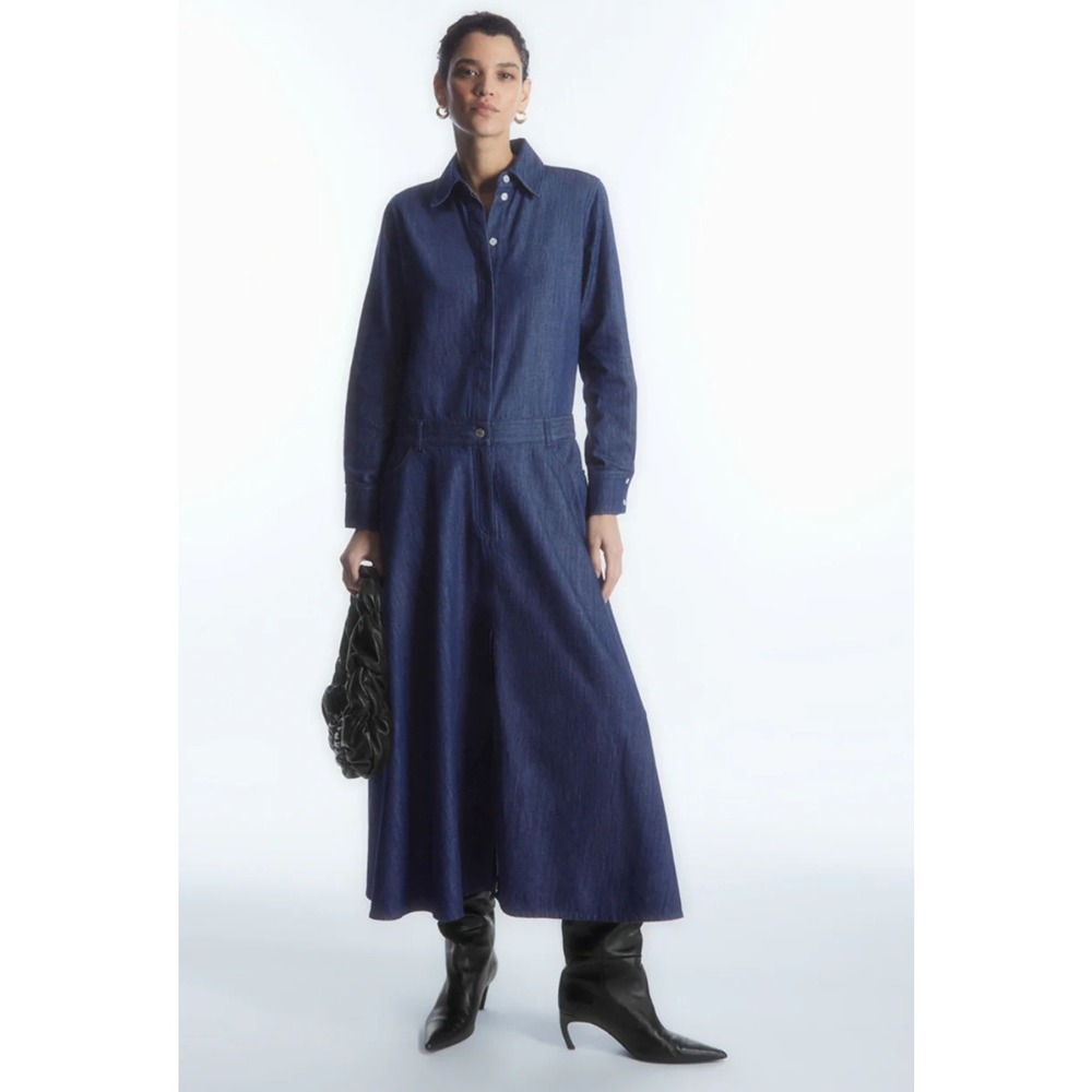 New w tag‎ COS Blue Denim Long Sleeve Midi Shirt Dress Cowgirl Western Sz 12